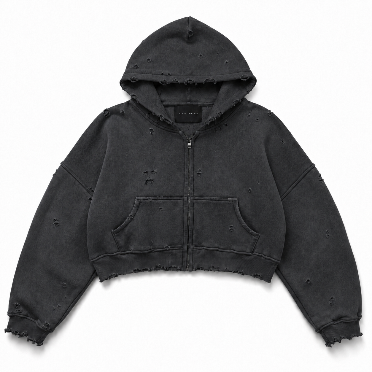 cropped distressed zip up hood charcoal