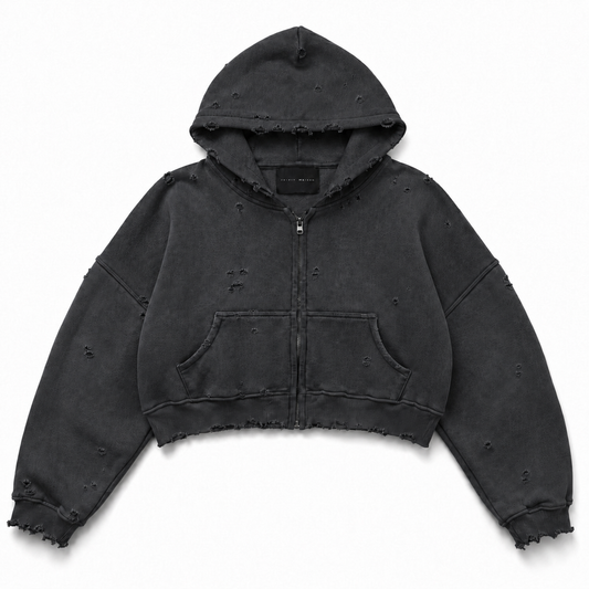 cropped distressed zip up hood charcoal