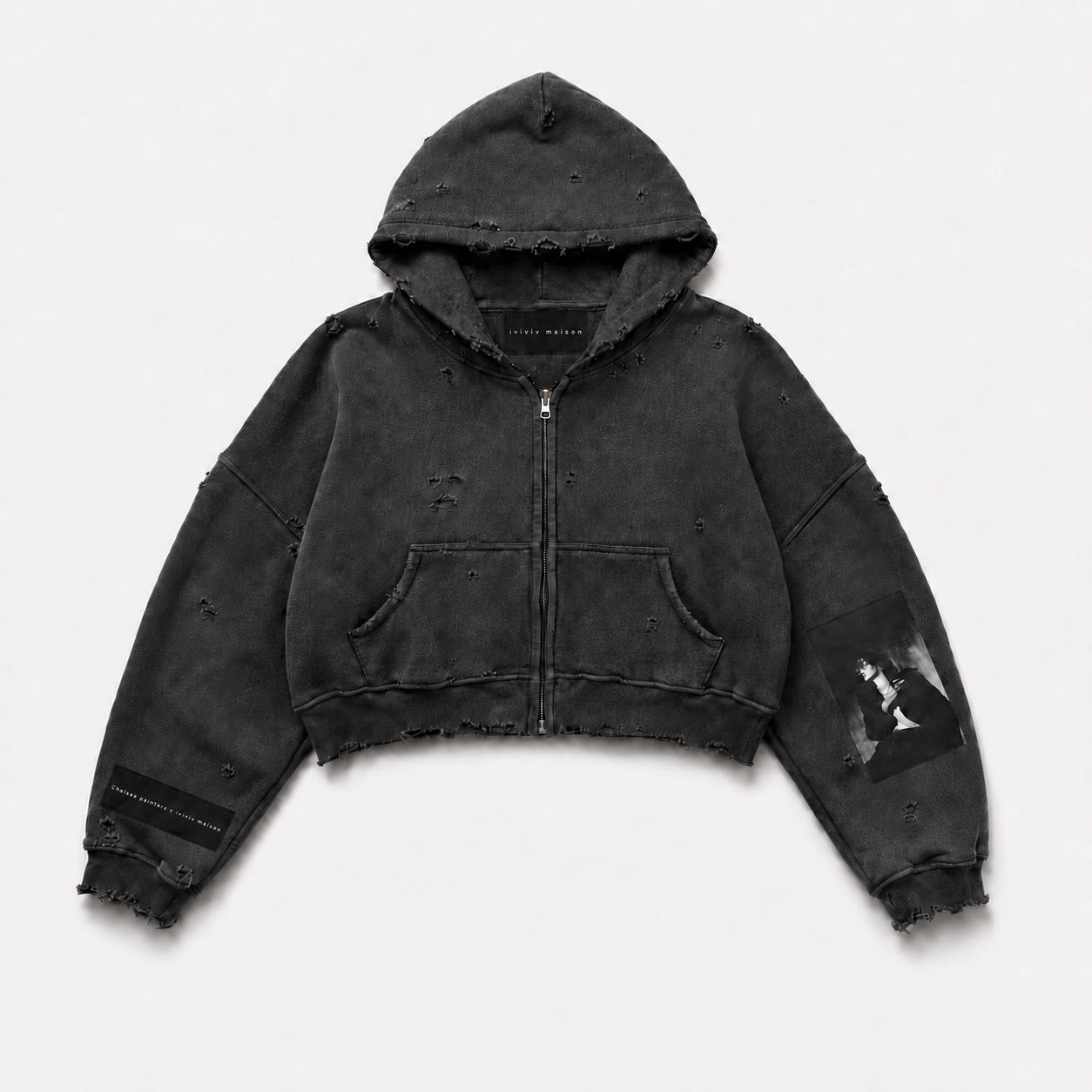 CHELSEA PAINTERS CROPPED DISTRESSED HOOD CHARCOAL