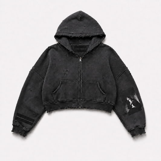 CHELSEA PAINTERS CROPPED DISTRESSED HOOD CHARCOAL